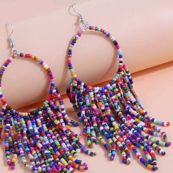Long‎ Beaded Tassel Earrings Bohemian Handmade Seed Beaded Round Tassel Dangle - Picture 2 of 3